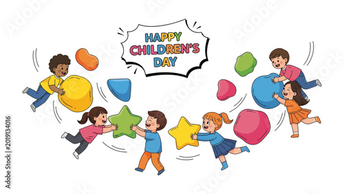 Canvastavla Children's Day Joy: Adorable children come together in a vibrant display of unity and happiness, as they celebrate the spirit of childhood with colorful shapes and a festive message