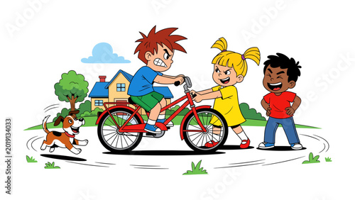 Bild auf Leinwand Neighborhood Playtime: Energetic children engage in a lively game involving a bicycle and a playful dog, creating a vibrant scene of childhood joy and interaction