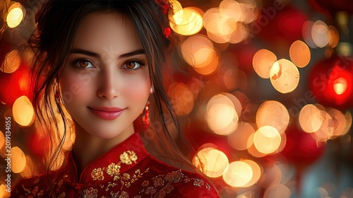 Portrait of a smiling young woman in traditional attire, with festive bokeh background