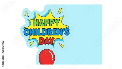 Foto Happy Children's Day Banner with a balloon: A festive banner joyfully announces Happy Children's Day, complemented by a bright red balloon