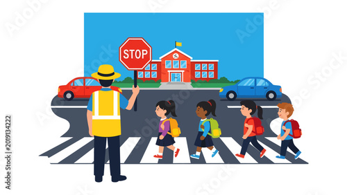 School Crossing Safety: A vibrant scene captures the essence of school safety, with children confidently crossing a crosswalk under the watchful eye of a school crossing guard.