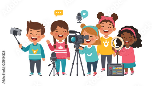 Kids' media team: joyful children embrace the digital world, creating content together, brimming with enthusiasm and creativity. Capturing collaborative spirit in the world of online media creation.