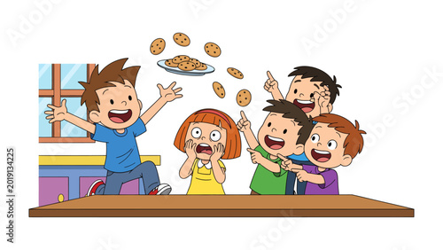 Cookie Chaos: A moment of joyful chaos as a group of children toss cookies in the air, creating a playful and lighthearted scene.