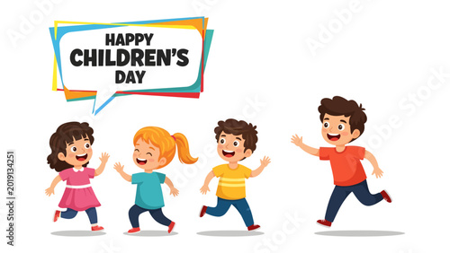 Schilderij op canvas Happy Children's Day Celebration: A vibrant illustration captures the essence of Children's Day, with joyful children playfully running