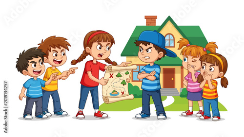 Cuadro en lienzo Kids Dispute Over Treasure Map: A group of children, filled with youthful excite