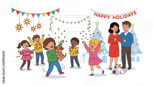 Bilde på lerret Joyful Holiday Gathering: Capturing a scene of festive cheer, where children frolic, embrace, and celebrate in a season of togetherness