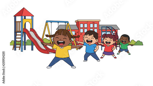 Photos Playground Joy: A group of diverse children are beaming with joy as they frolic