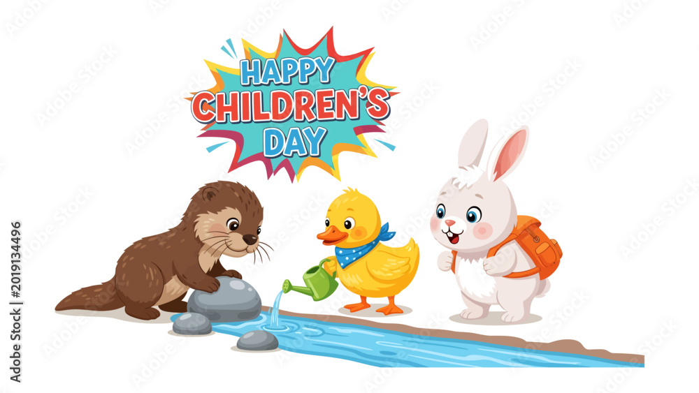 Fototapeta premium Happy Children's Day Celebration with Animals: A heartwarming scene, a celebration of childhood, featuring adorable animal friends engaged in joyful activities. A Duck, bunny.