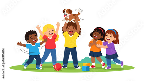 Cuadro en lienzo Joyful Playtime: A vibrant scene captures the delight of childhood, where a grou