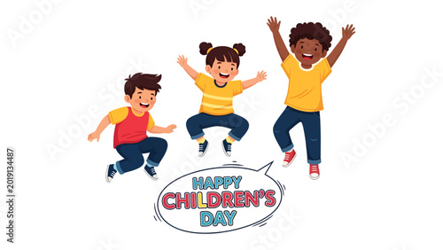 Cuadro en lienzo Happy Children's Day Joy: A vibrant illustration captures the essence of childhood joy, featuring three cheerful children leaping with unbridled happiness, their excitement palpable