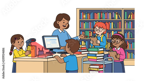 Photography Library Literacy: A dedicated librarian assists a group of children amidst a vibrant array of books, nurturing their love for reading and learning