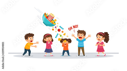 Bild auf Leinwand Unexpected Treats: A delightful scene unfolds as an inverted umbrella spills out a cascade of treats onto a group of surprised children, eliciting expressions of shock and amusement