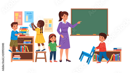 Fotografie A Day in Kindergarten Classroom: A dedicated teacher leads a group of enthusiastic students through their daily activities in a colorful classroom
