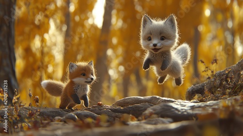 Two adorable fox cubs play in a golden autumn forest, enjoying the sunlight and colorful leaves