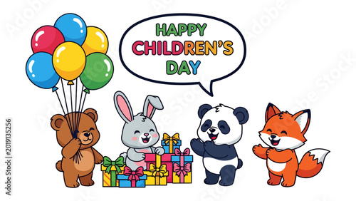 Happy Children's Day Celebration: Cheerful animal characters gather in joyous celebration, surrounded by colorful balloons, gifts, and a message of love.