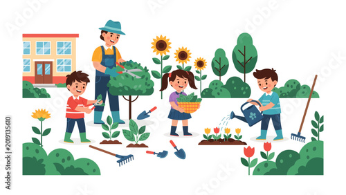 Фотография Garden's Serene Moments: A vibrant illustration captures a joyful group tending
