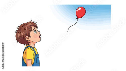 Quadro su tela Lost Balloon: A young child watches with a mixture of surprise and wistfulness as his red balloon floats away into the bright blue sky