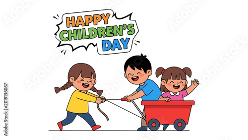 Tableau sur toile Joyful Children's Day Celebration: Three gleeful children revel in the festive spirit of Children's Day, engaged in playful interaction and embodying the essence of youthful happiness