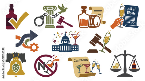 Photos Collection of Icons Representing Alcohol Laws, Rights, and Celebrations
