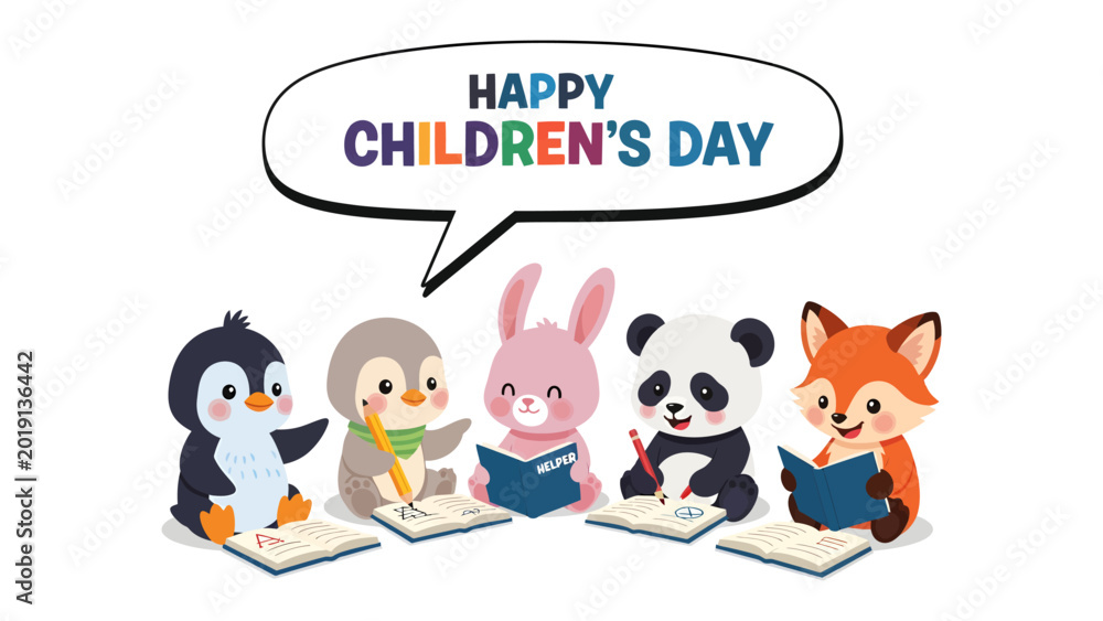 Fototapeta premium Children's Day: A vibrant illustration showcasing an adorable group of animal characters reading and writing, celebrating childhood and the joy of learning.