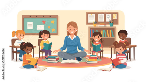 Bild auf Leinwand Reading Circle in the Classroom: An inclusive classroom setting, with children and their teacher engrossed in a shared reading experience, fostering learning and community