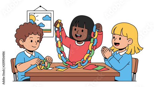 Bild auf Leinwand Crafting Connections: Three young students, engrossed in a vibrant chain-making activity, exude enthusiasm and cooperation
