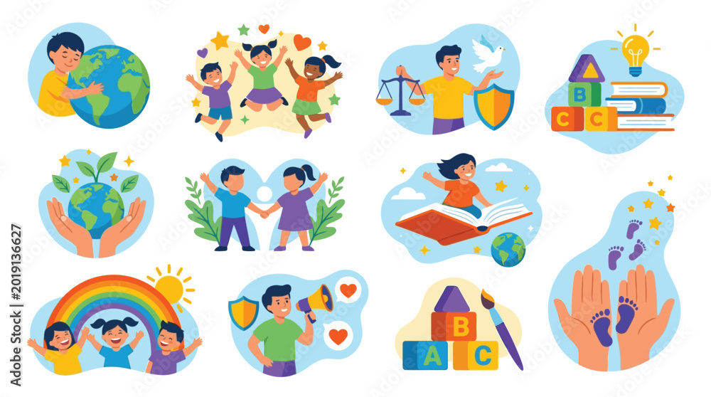 Naklejka premium Collection of Icons Representing Childhood, Education, and Global Values.