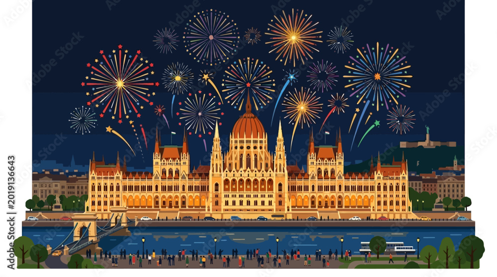 Obraz premium Budapest Parliament Building with Fireworks at Night