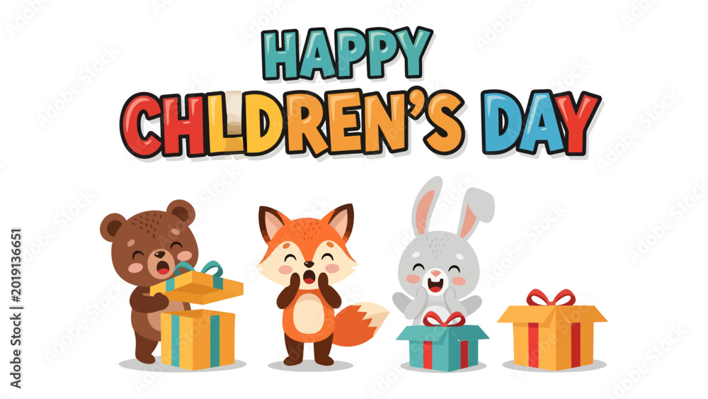 Fototapeta premium Happy Children's Day: A vibrant and cheerful illustration celebrating the spirit of childhood, featuring adorable cartoon animals and gift boxes.