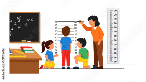 Growth Measurement in Classroom: A teacher measures the height of children against a height chart in a classroom, illustrating the process of growth and development.