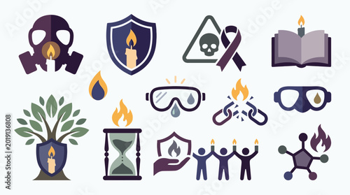 Foto Collection of icons representing safety, danger, and awareness, including a gas mask, shield, warning signs, and people holding candles