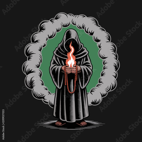 Slika na platnu Hooded figure holding burning rosary beads.