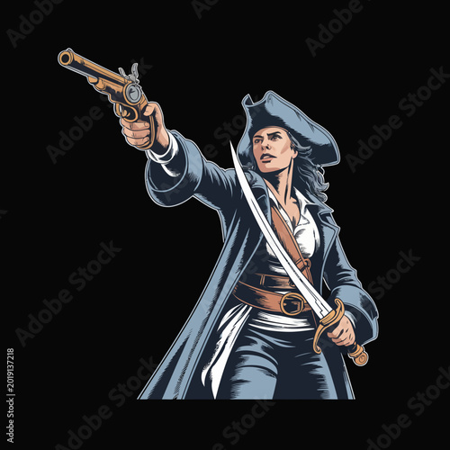 Canvas Print Pirate woman with sword and gun.