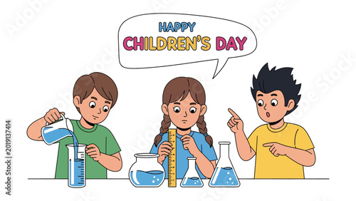 Photography Happy Children's Day Experiment: Playful children engage in a science experiment, demonstrating curiosity and enthusiasm for learning