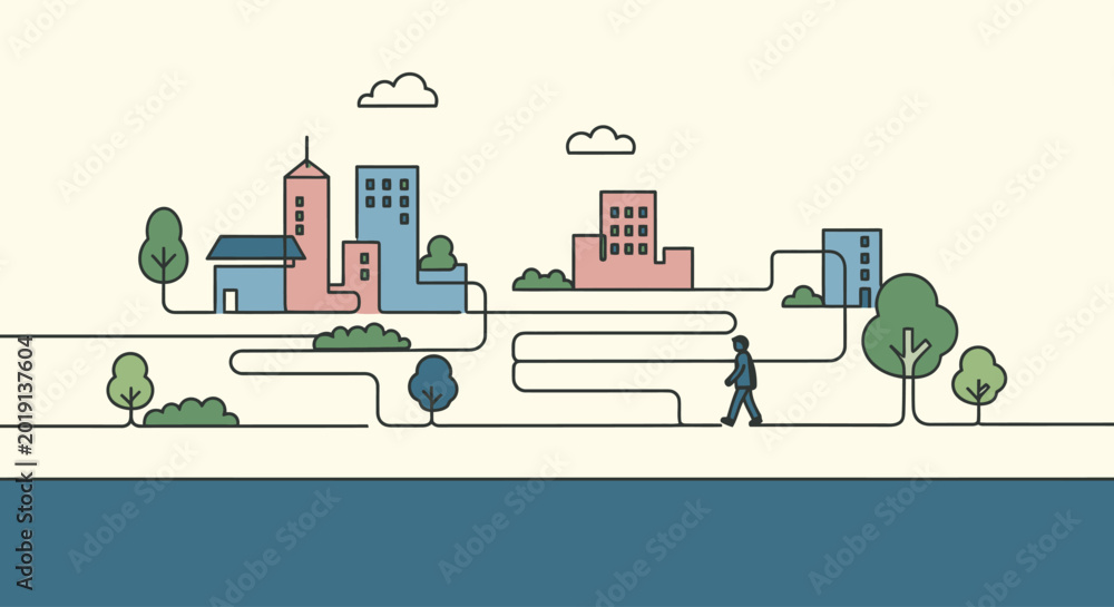 Fototapeta premium Simplified urban landscape with a person walking through connected city elements.