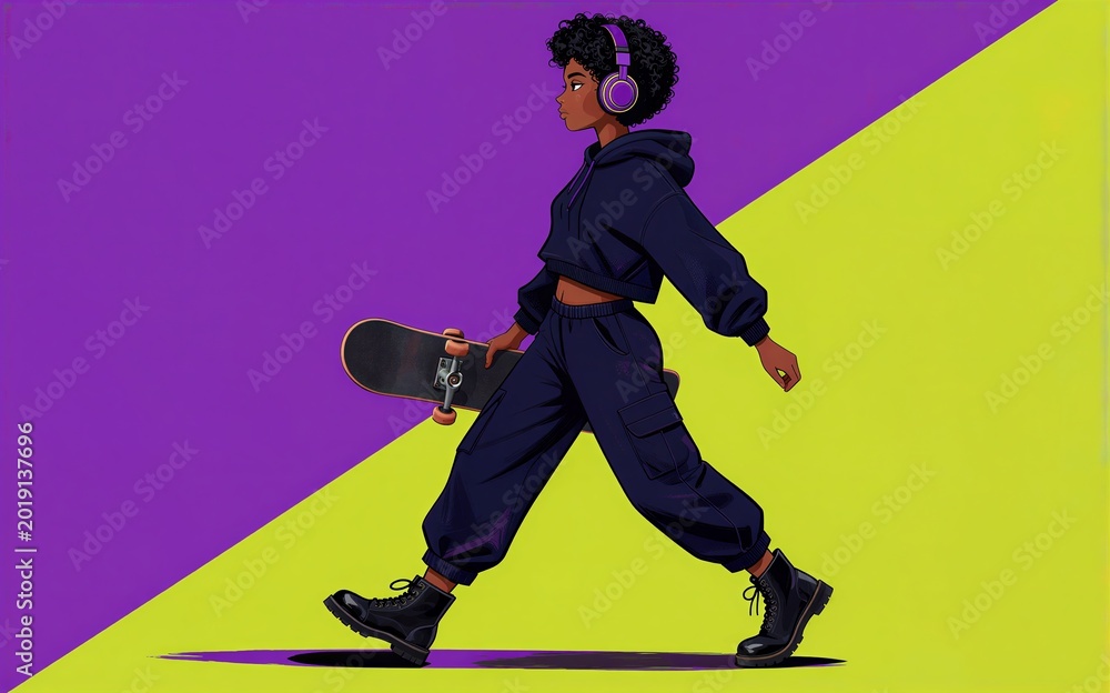 Fototapeta premium Skateboarder walks confidently headphones on purple and yellow