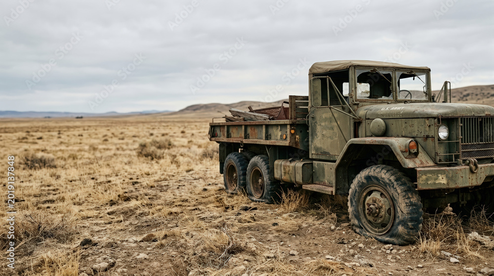 Obraz premium Abandoned army truck with a nostalgic mood on a barren landscape