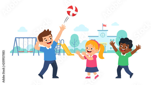 Принти на полотні Joyful Game of Volleyball: A trio of young children, filled with glee, play a cheerful game of volleyball at a playground, embodying the spirit of youth and camaraderie