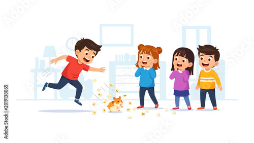 Canvas-taulu Playful Pursuit: A heartwarming scene unfolds as a group of children chase a small animal playfully