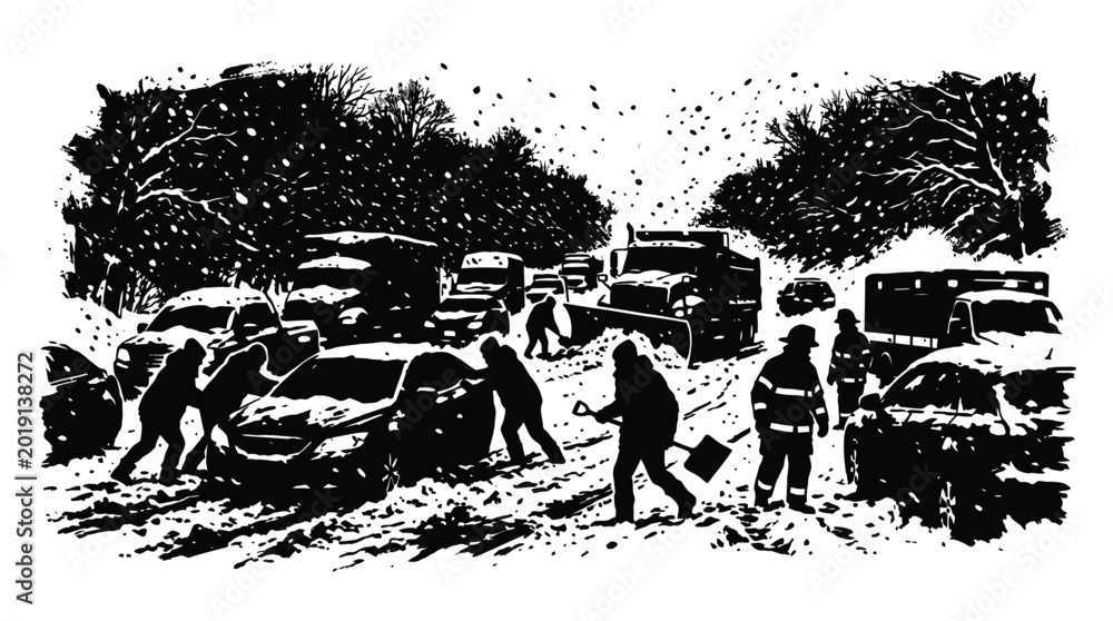 Obraz premium Black and white artistic photograph showing people pushing a stuck car during a heavy winter snowstorm while a plow clears the road for stranded motorists