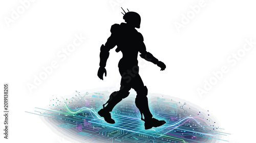 Detailed silhouette of a futuristic humanoid robot walking forward on a glowing digital circuit board platform in this creative high contrast artistic digital art photograph image