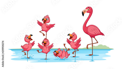 Tableau sur toile Flamingo Family's Playful Frolic: A whimsical illustration depicts a flamingo family joyfully frolicking together, their vibrant pink plumage set against the serene blue water
