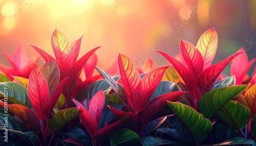 Vibrant Red Bromeliad Flowers Blooming in Golden Sunlight.