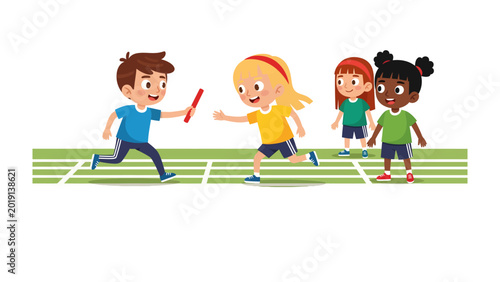 Obraz na płótnie Relay Race Transition: Capture a lively relay race, focusing on the seamless transition of the baton between young participants, symbolizing teamwork and youthful energy