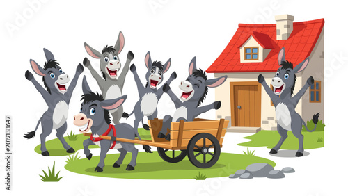Foto Cheerful Donkey Gathering: Animated donkeys revel in joyous camaraderie, dancing with delight around a rustic cart and a charming cottage