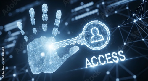 Access and permissions management. An IT admin's hands assign a holographic 'key' to a user icon, granting access to a system.