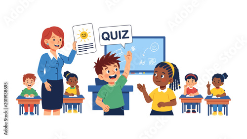 Photos Classroom Quiz Time: A teacher leads a vibrant quiz session, engaging students with questions and fostering a stimulating learning environment
