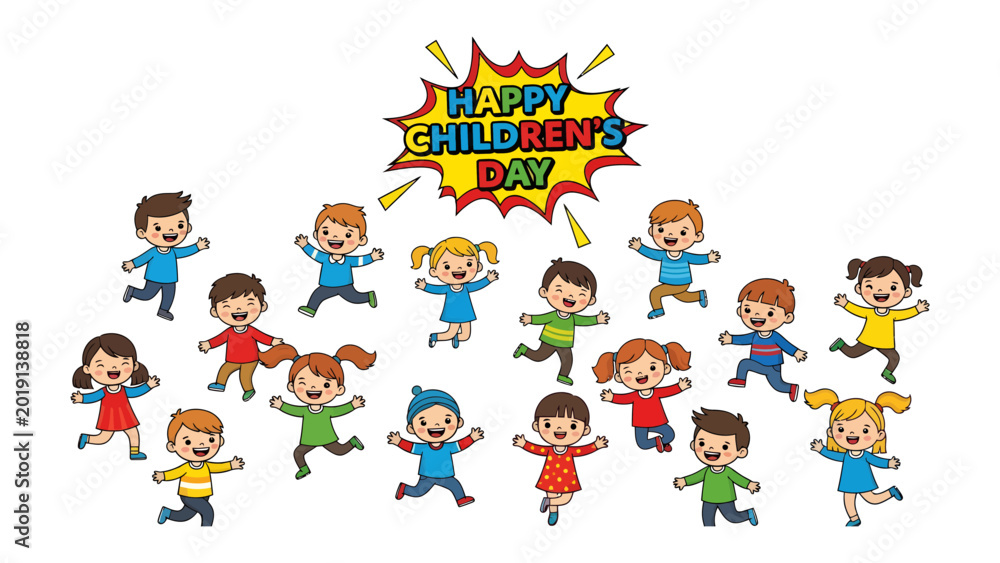 Fototapeta premium Celebrating Childhood: A vibrant illustration captures the essence of Children's Day with a joyful group of kids jumping in excitement.