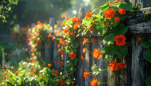 Vibrant Nasturtiums Blooming on a Rustic Wooden Fence in Golden Sunlight.