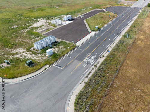 Aerial view of an electric vehicle charging lane in Salt Lake City, Utah.